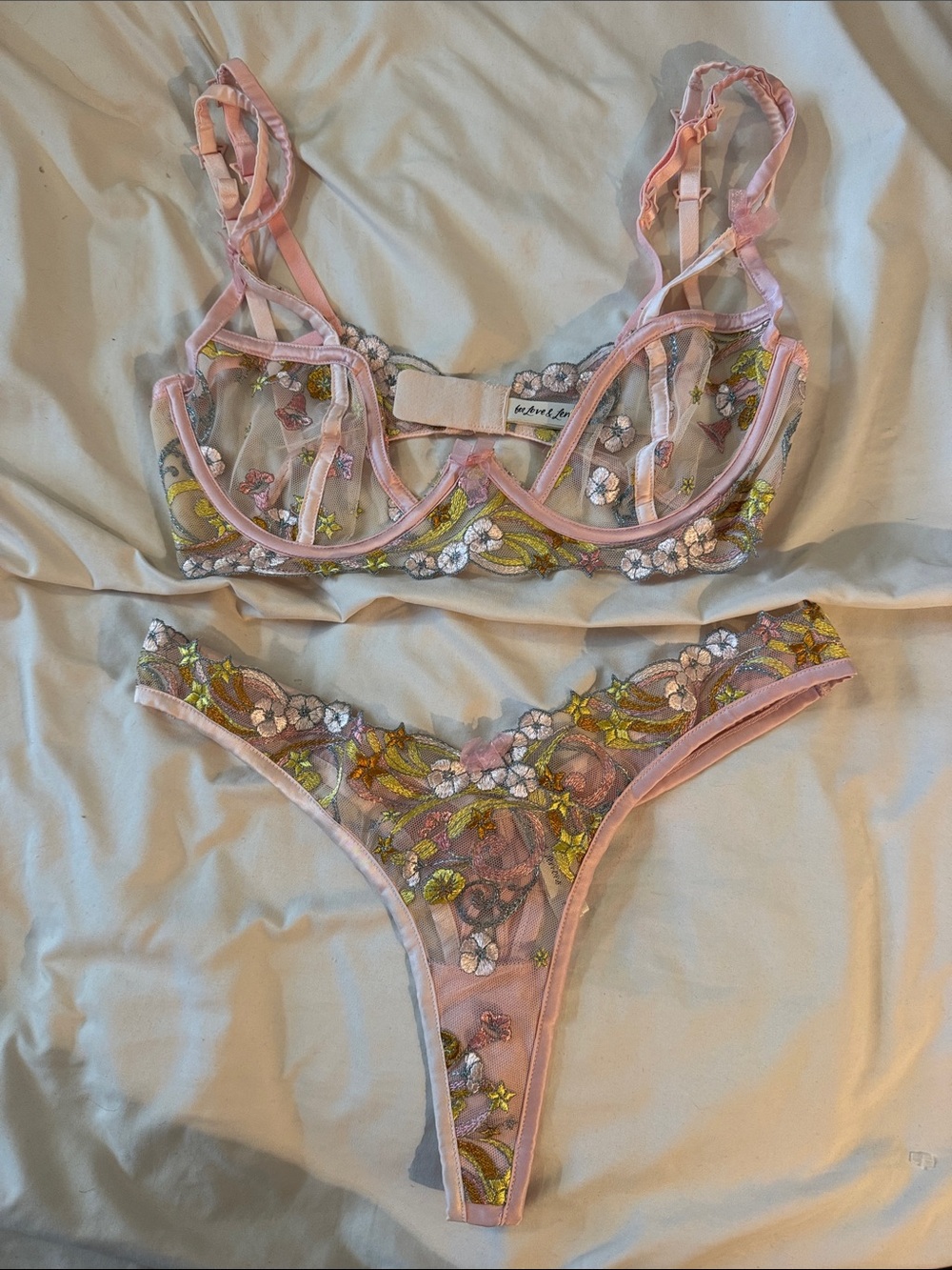 For Love & Lemons Sheer Pink Floral-Embroidered Bra & Thong Set